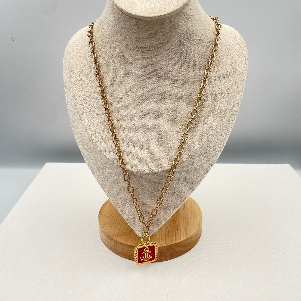 Vintage 90s Anne Klein Gold Tone Red Enamel Anchor Pendant Necklace Nautical